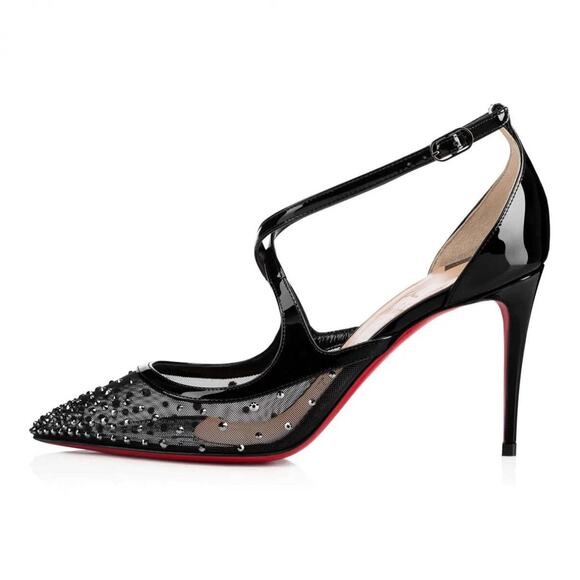 Christian Louboutin Twistissima Strass 85 Black Patent Mesh Strap Heel Pump 36.5 - Picture 3 of 9